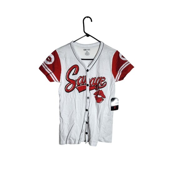NWT On Fire Savage Button-Up Baseball Style T-Shirt Red & White Womens M 100% Co - Picture 1 of 3